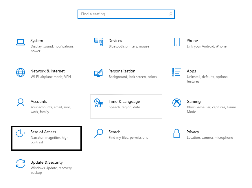 قم بإختيار إعدادات Ease of Access.