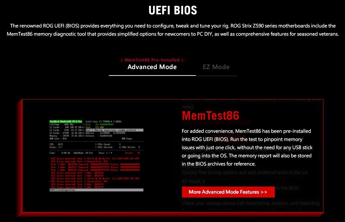 اللوحات الأم ROG Z590 من ASUS ستحتوي على أداة MemTest86 داخل البيوس