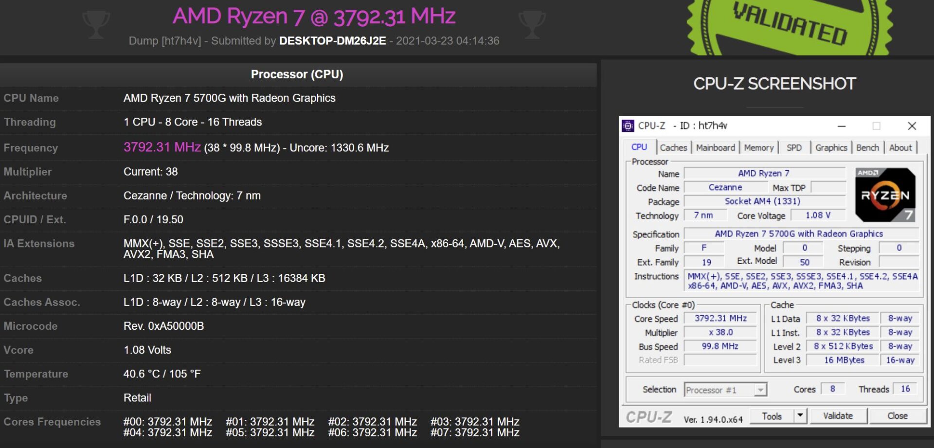 CPU Z Gigabyte X570 S
