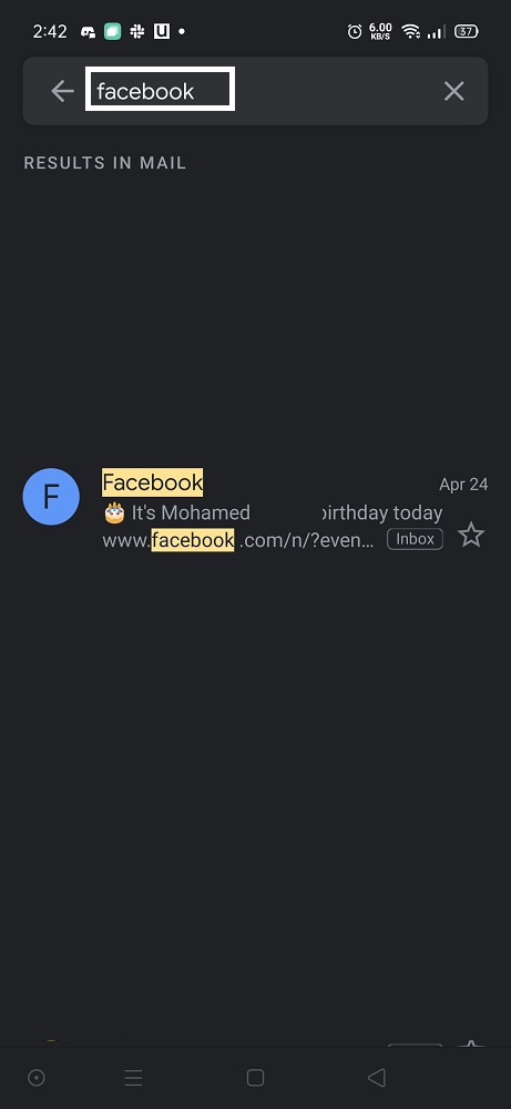 قم بالبحث عن أي رسالة إلكترونية من Facebook لعيد ميلاد